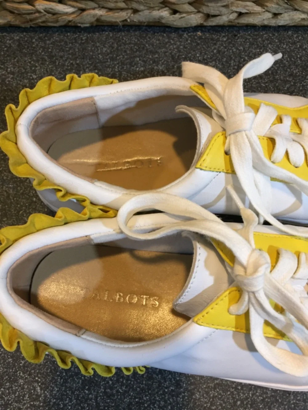 Talbots White and Yellow Leather Ruffle-Back Sneakers